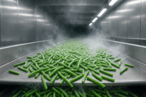 Close-up of IQF process on a conveyor during rapid freezing process