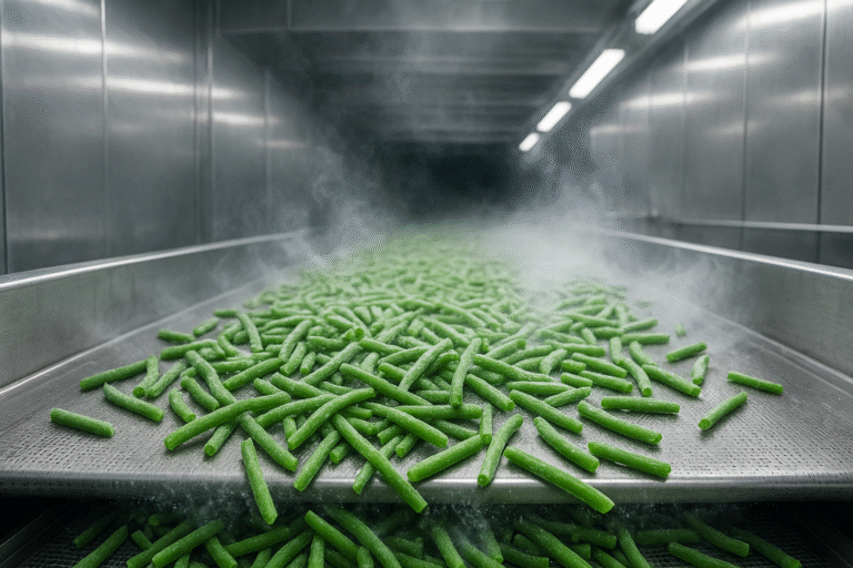 Close-up of IQF process on a conveyor during rapid freezing process