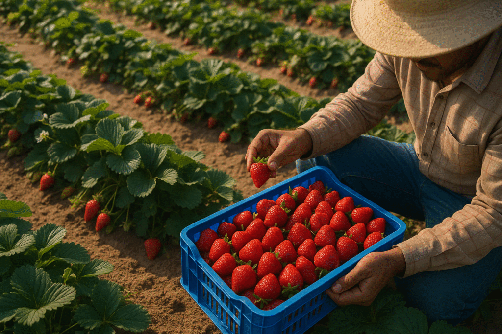 a farmer harvesting high strawberries impacting Egypt's frozen exports